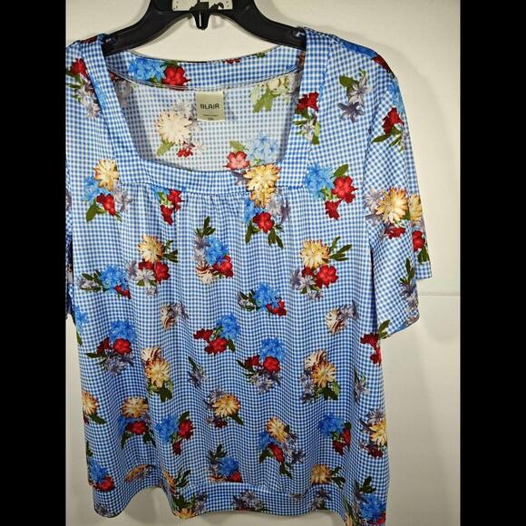 Blair 2XL Blue White Checked floral pullover top Square neck short Sleeve - Picture 3 of 10